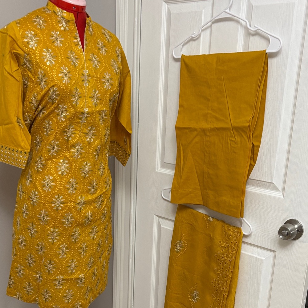 Mustard Yellow Embroidered Kurta Set
